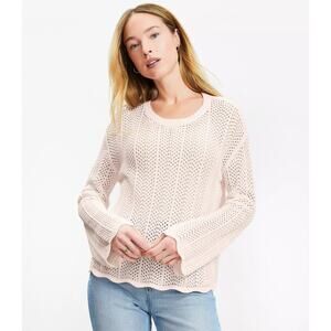 LOFT Women Scalloped Pointelle Knit Sweater Medium Pink Soft Cottage Giftable